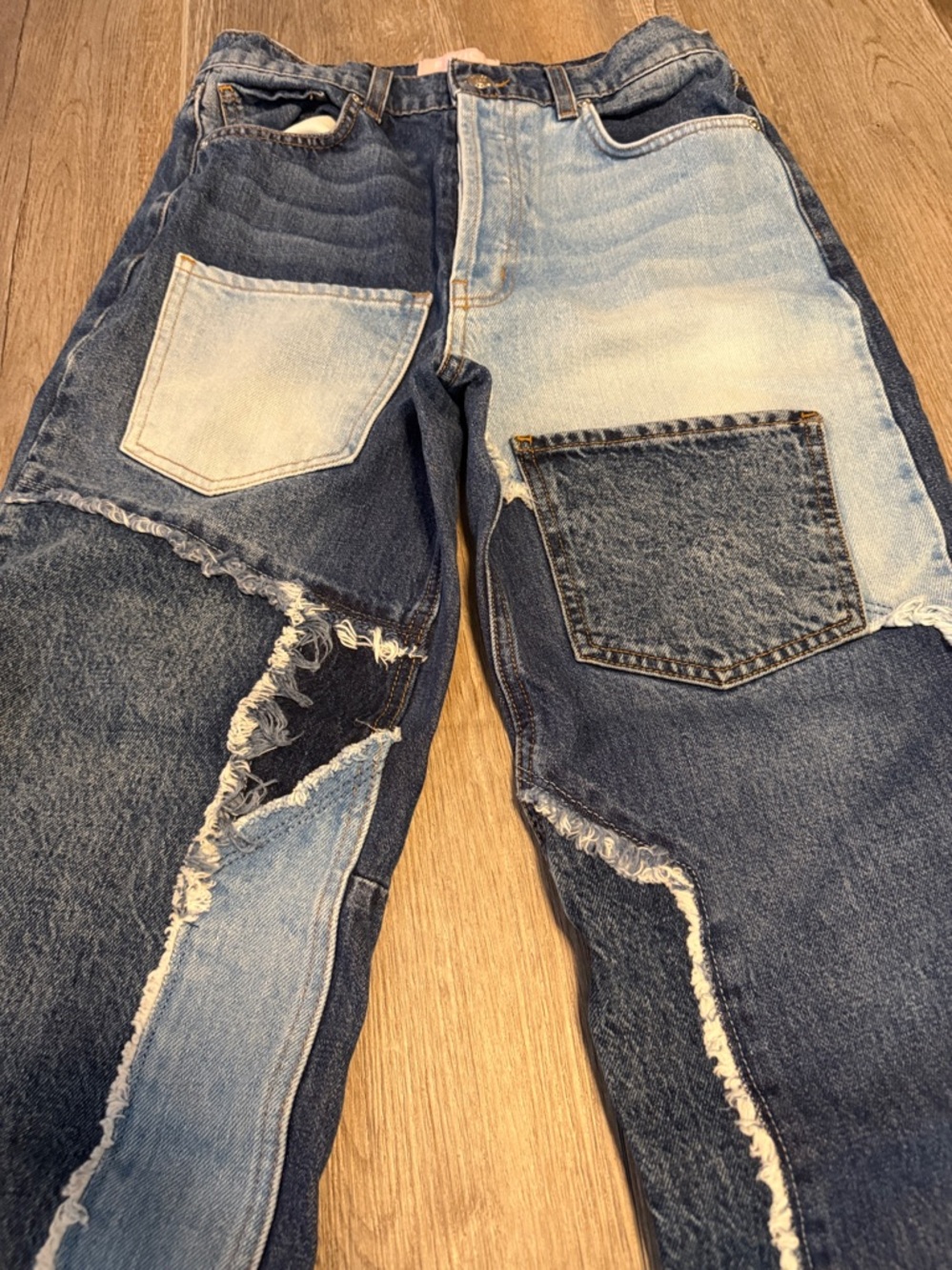 REVICE Two-Tone Patchwork Straight Jeans in Dark and Light Blue - Picture 6 of 9